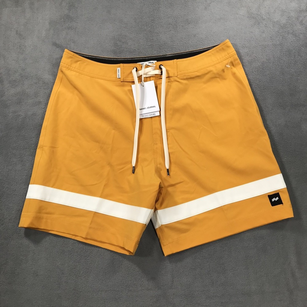 Banks Journal Divi Board Shorts Mens 32 Yellow Mango Comfort Hybrid Swim Trunks